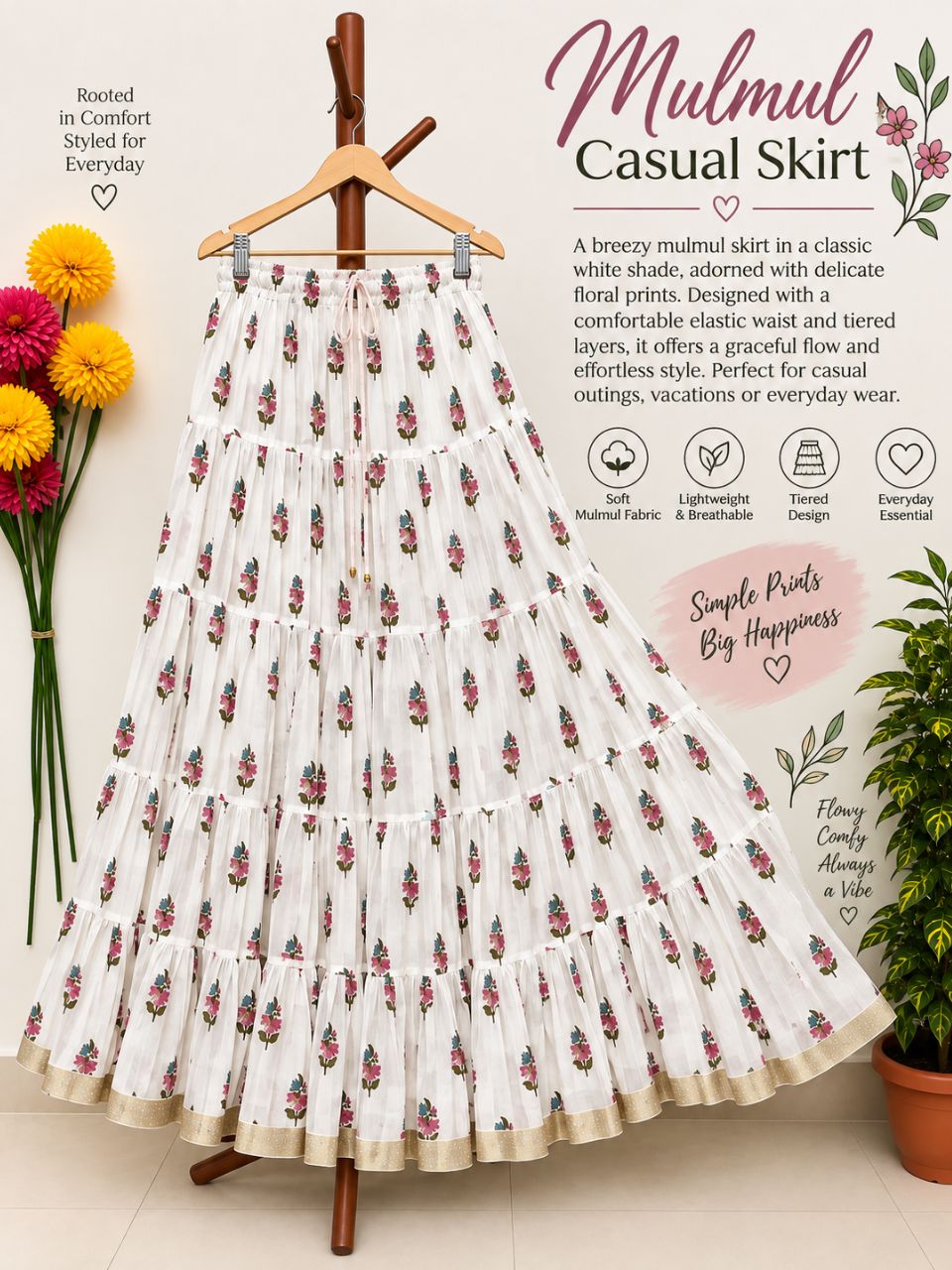 Mulmul Printed Pastel Cream Shweta Indian Skirt
