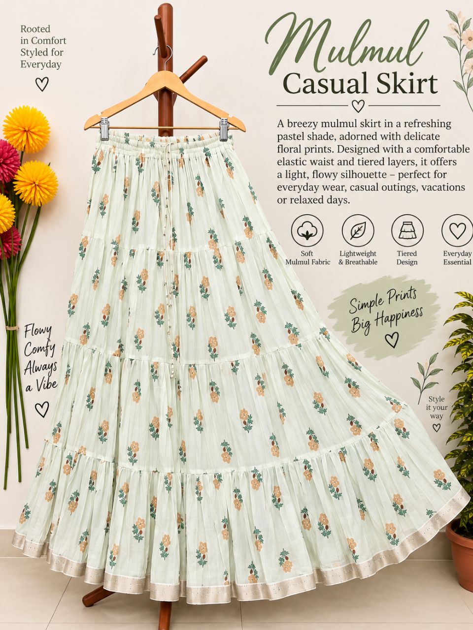 Mulmul Printed Pastel Cream Pastel Kriti Indian Skirt