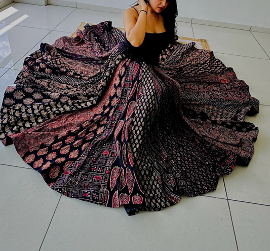 Ajrakh Cotton Black Flared Skirt