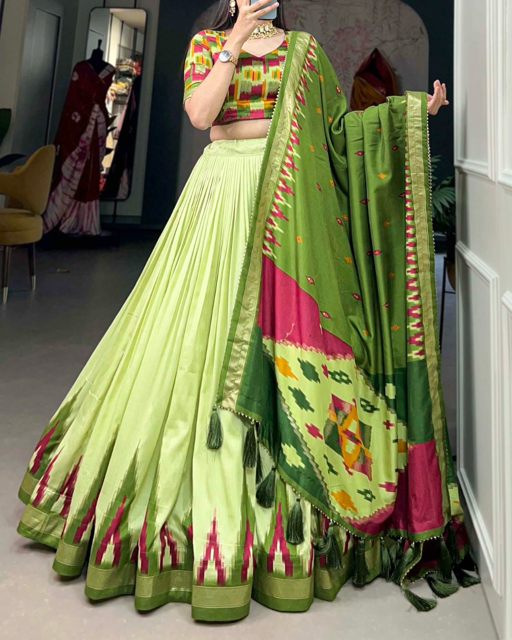 Tussar silk Green Festive Lehenga
