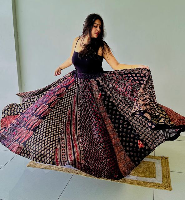 Ajrakh Cotton Black Flared Skirt