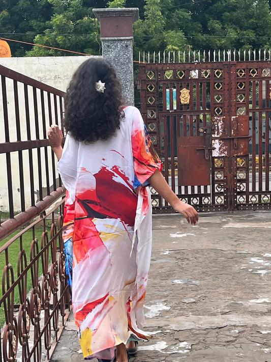 Digital Print White Red Silk Kaftan