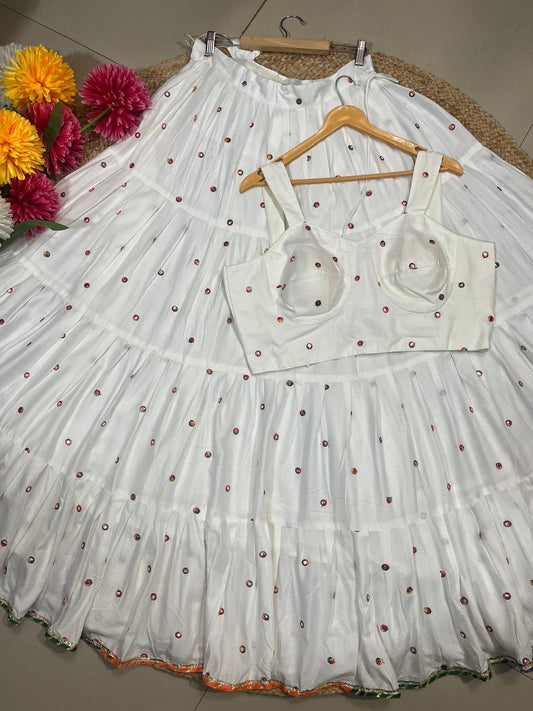 Flared White Rayon Festive Skirt Set