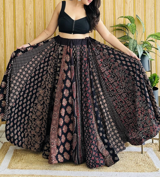 Ajrakh Cotton Black Flared Skirt