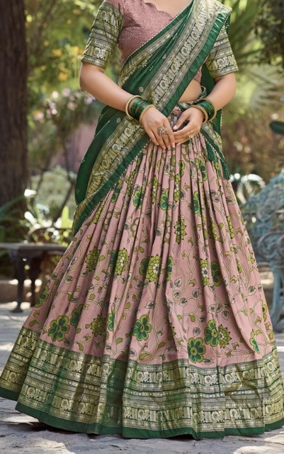 Tussar Onion Pink Green Vrinda Lehenga