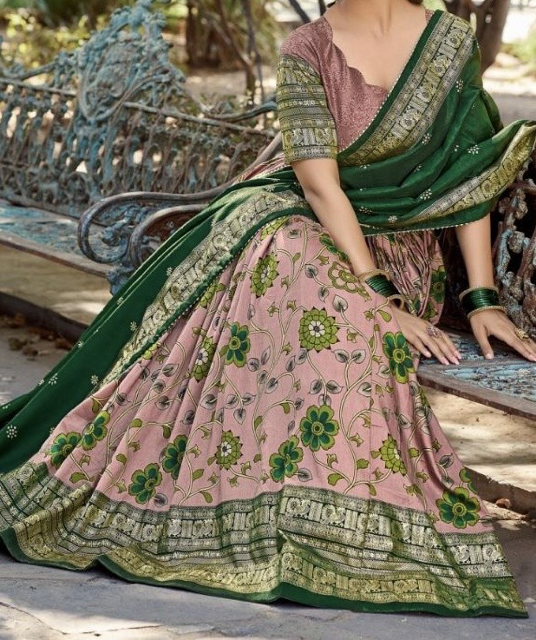 Tussar Onion Pink Green Vrinda Lehenga