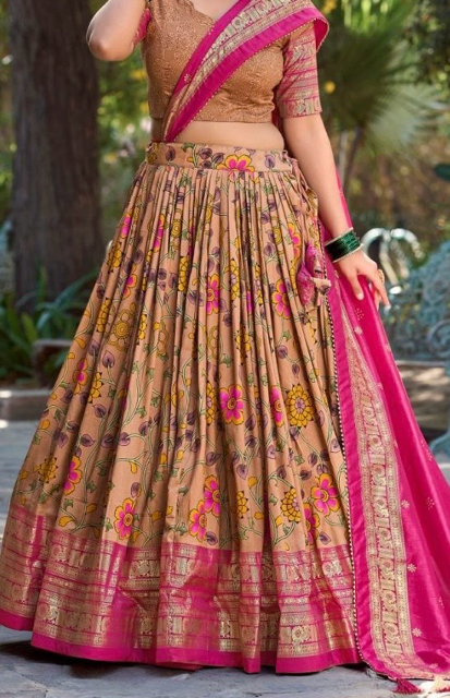 Tussar Fuchsia Kalamkari Print Lehenga