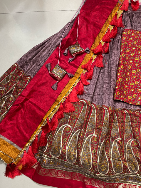 Tussar Silk Red Raavi Lehenga