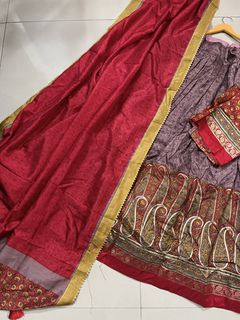 Tussar Silk Red Raavi Lehenga