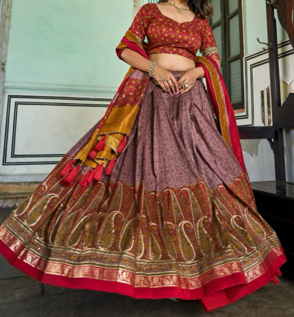 Tussar Silk Red Raavi Lehenga