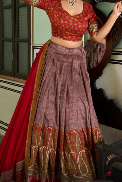 Tussar Silk Red Raavi Lehenga