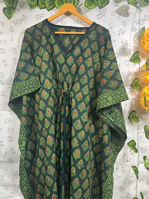 Block Print Green Meenu Cotton Kaftan