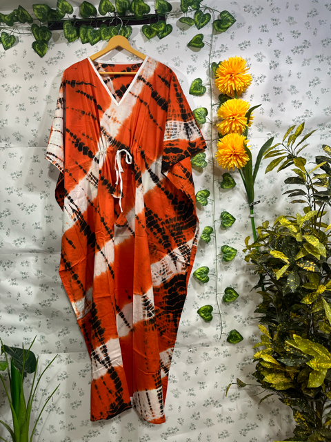 Block Print Orange Chinu Cotton Kaftan