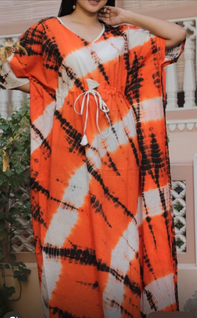 Block Print Orange Chinu Cotton Kaftan