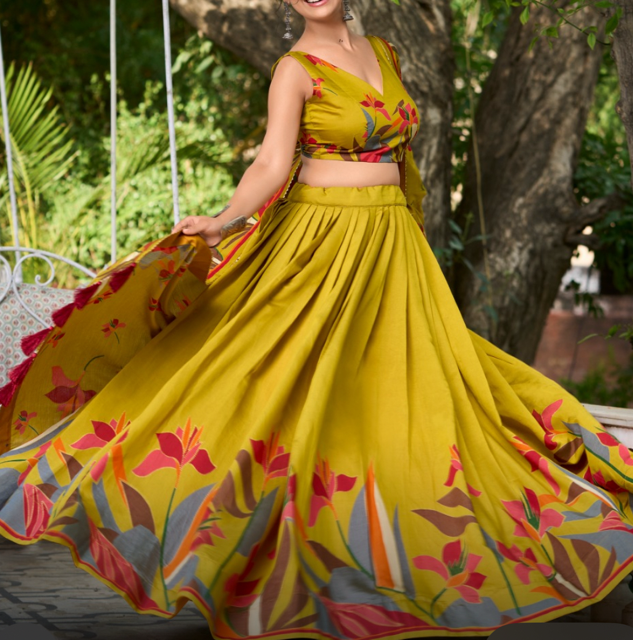 Chanderi Viscose Rumi Yellow Lehenga