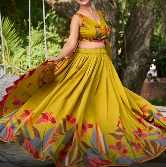 Chanderi Viscose Rumi Yellow Lehenga