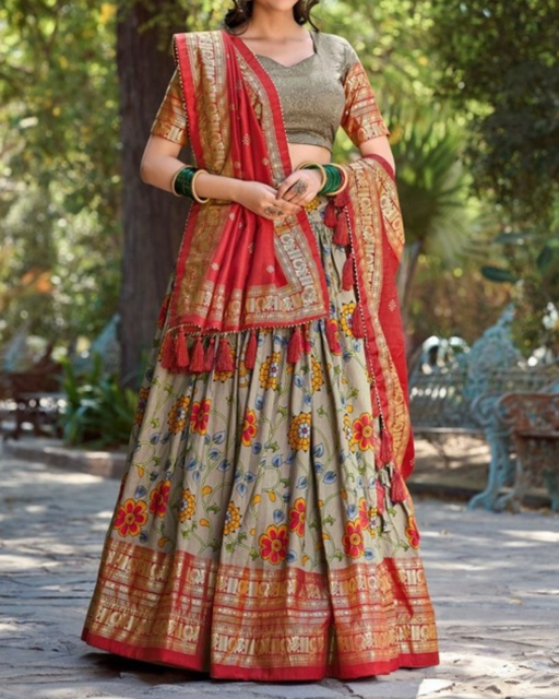 Tussar Gray Red Kalamkari Print Lehenga