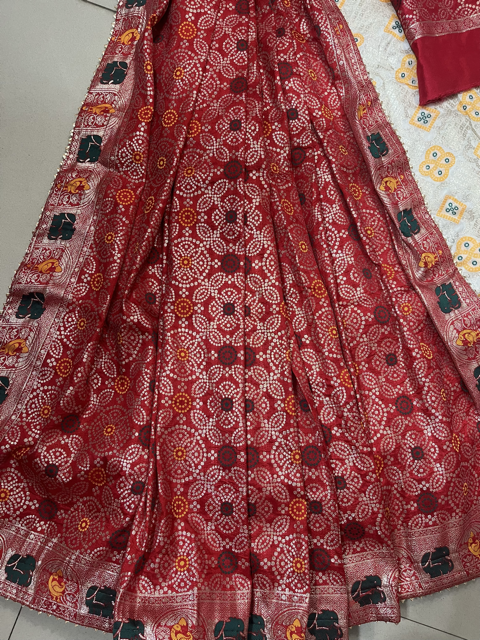 Banarasi Dolo Silk Cream Red Wedding Lehenga