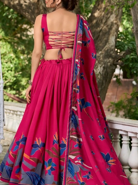 Chanderi Viscose Vinni Hot Pink Printed Lehenga