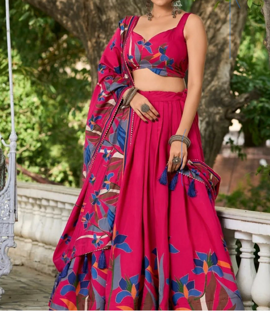 Chanderi Viscose Floral Vinni Hot Pink Floral Lehenga