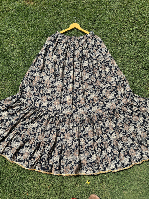 Tiered Navy Blue Printed Muslin Skirt
