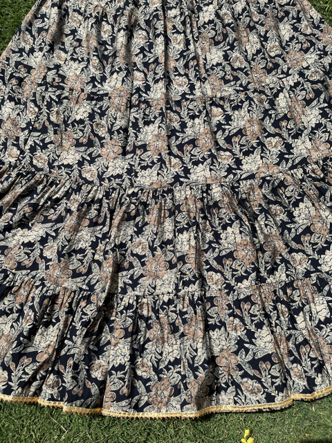 Tiered Navy Blue Printed Muslin Skirt