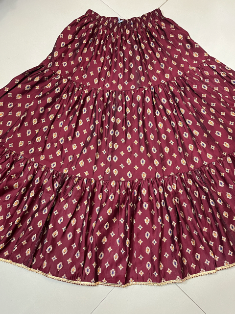 Tiered Maroon Muslin Indian Skirt