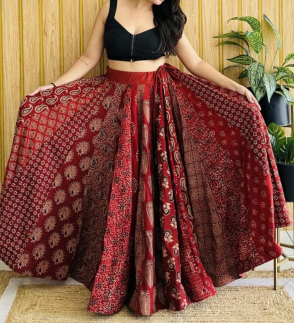 Ajrakh Maroon Cotton Flared Skirt