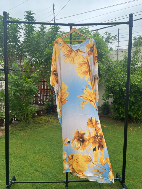 Digital Print Yellow Silk Kaftan 