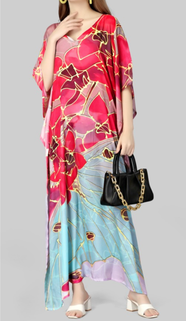 Digital Print Pink Blue Silk Kaftan 