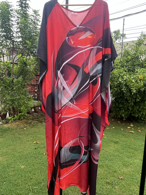 Digital Print Red Black Silk Kaftan