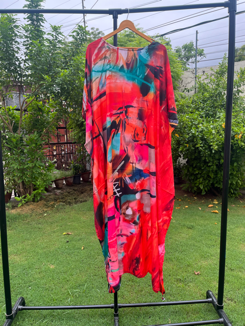 Digital Print Red Silk Kaftan
