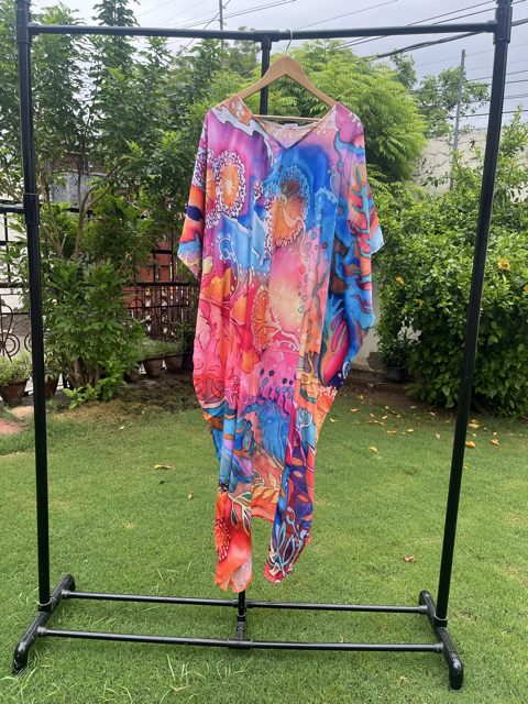 Digital Print Blue Pink Silk Kaftan