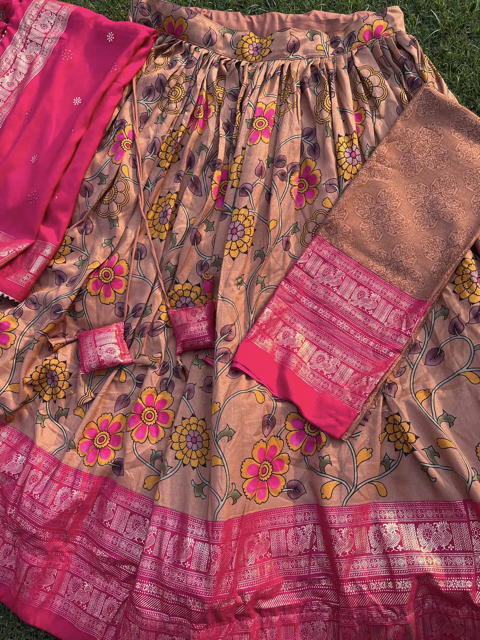 Tussar Fuchsia Beige Rajshree Lehenga