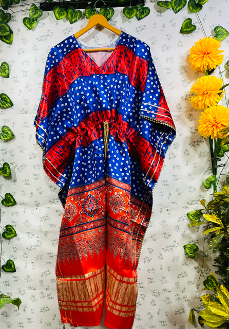 Digital Print Blue Satin Kaftan