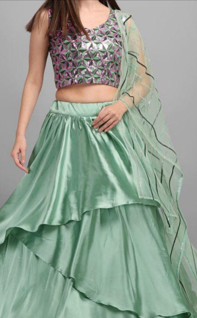 Pista Green Satin layered Lehenga