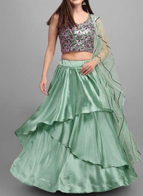 Pista Green Satin layered Lehenga