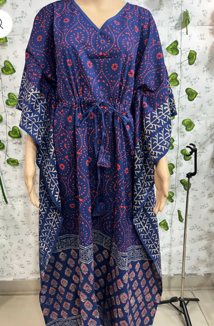 Block Print Blue Dolly Cotton Kaftan