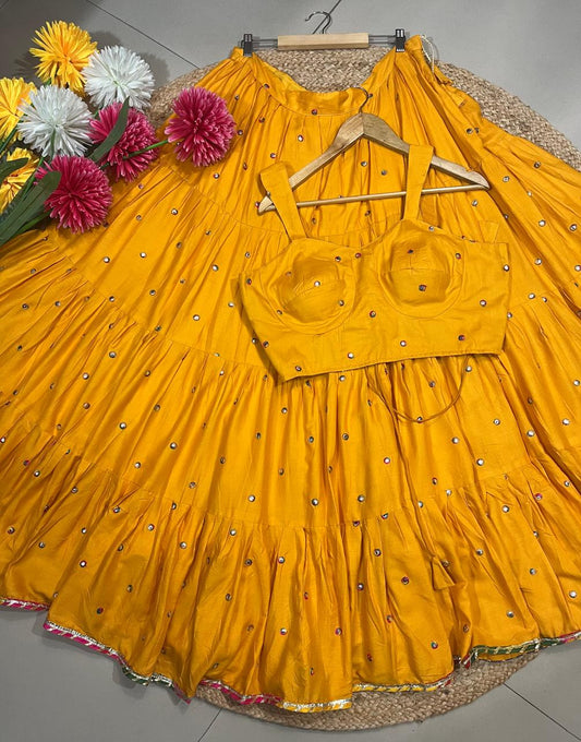 Flared Yellow Rayon Festive Skirt Set