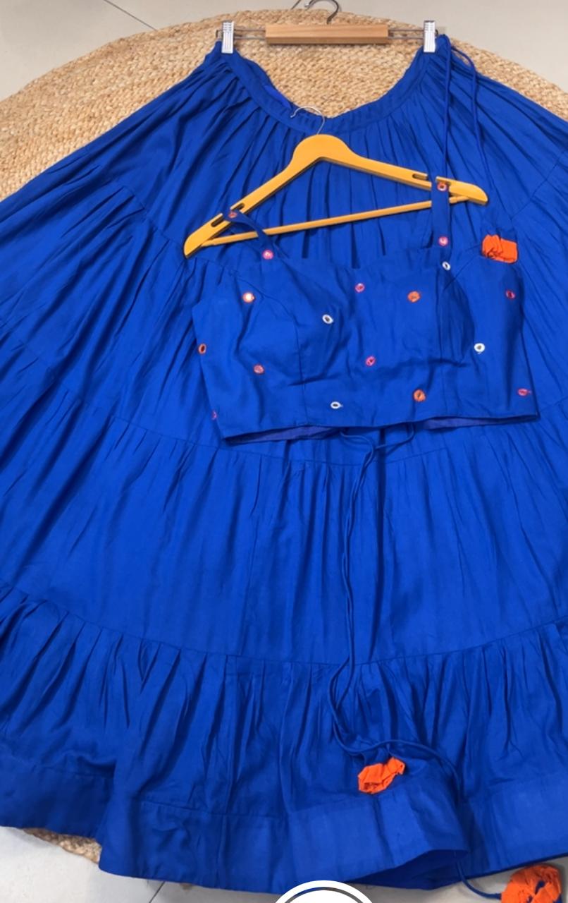 Flared Royal Blue Rachna Rayon Festive Skirt Set