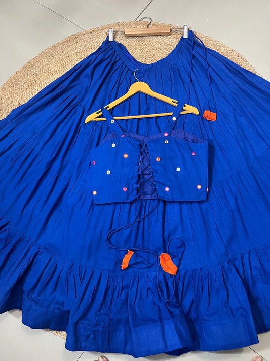 Flared Royal Blue Rachna Rayon Festive Skirt Set