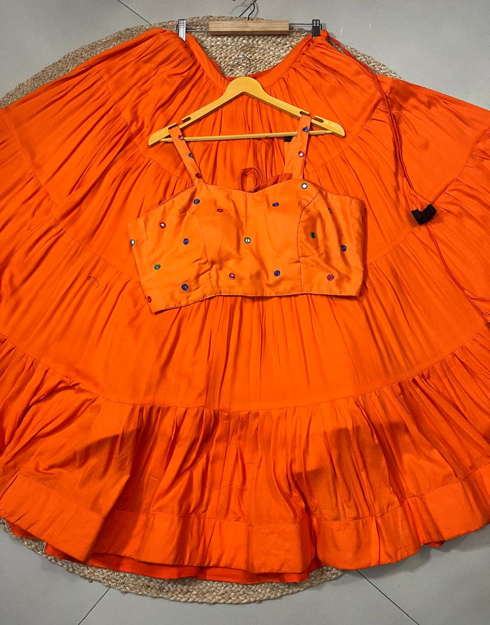 Flared Orange Ragini Rayon Festive Skirt Set