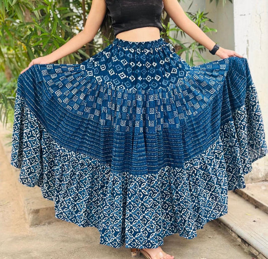 Ajrakh Tiered Rayon Blue Ginni Indian Skirt