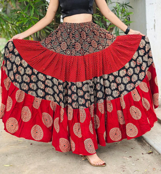 Ajrakh Tiered Rayon Maroon Romi Indian Skirt