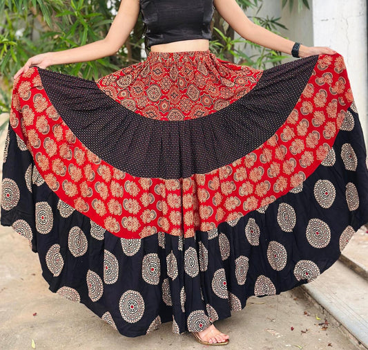 Ajrakh Tiered Rayon Black Ruchika Indian Skirt