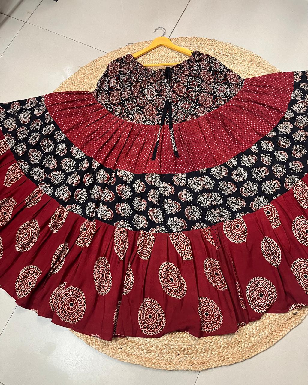 Ajrakh Tiered Rayon Maroon Romi Indian Skirt