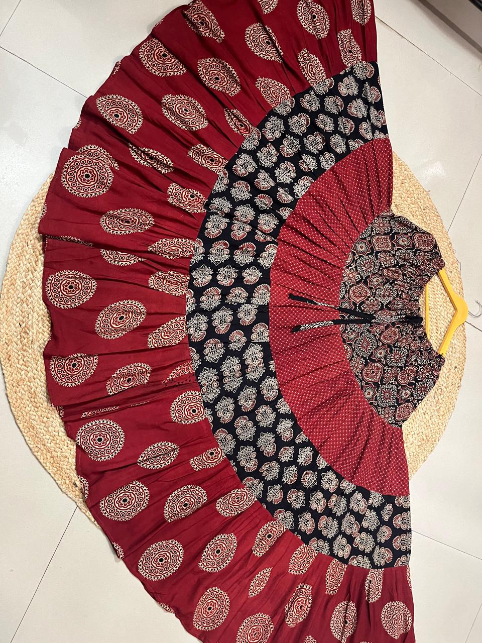 Ajrakh Tiered Rayon Maroon Romi Indian Skirt