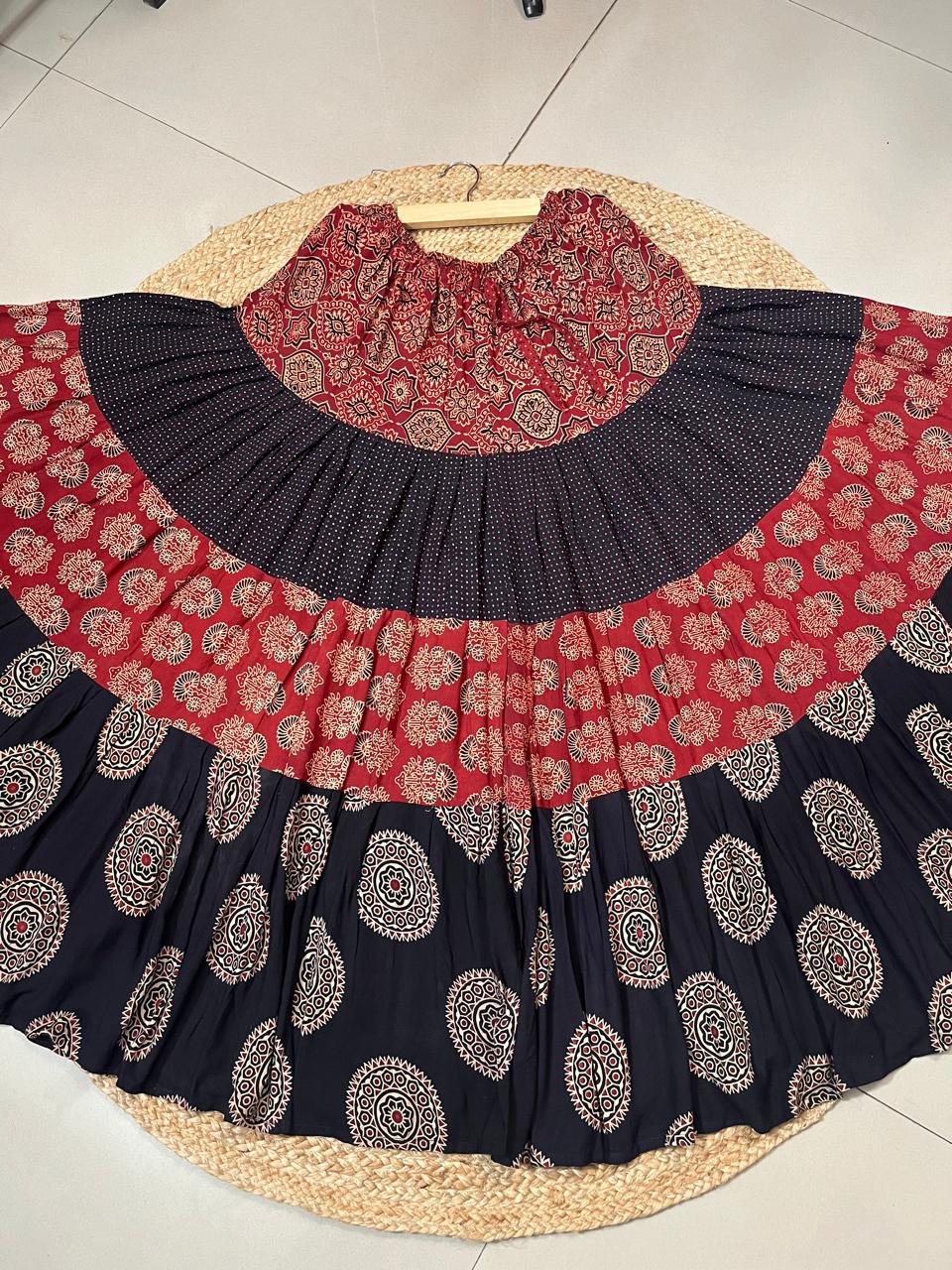 Ajrakh Tiered Rayon Black Ruchika Indian Skirt