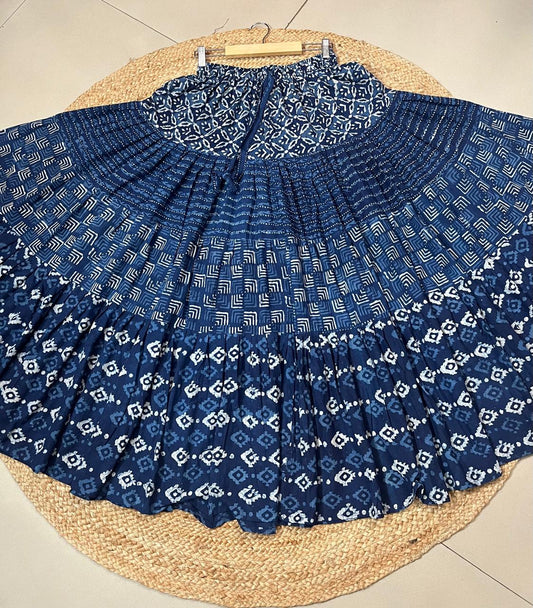 Ajrakh Tiered Rayon Blue Basanti Indian Skirt