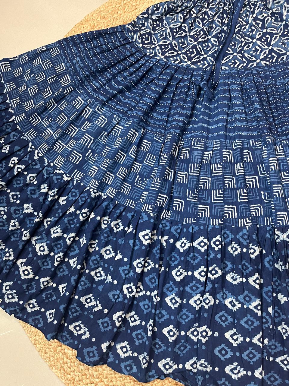 Ajrakh Tiered Rayon Blue Basanti Indian Skirt
